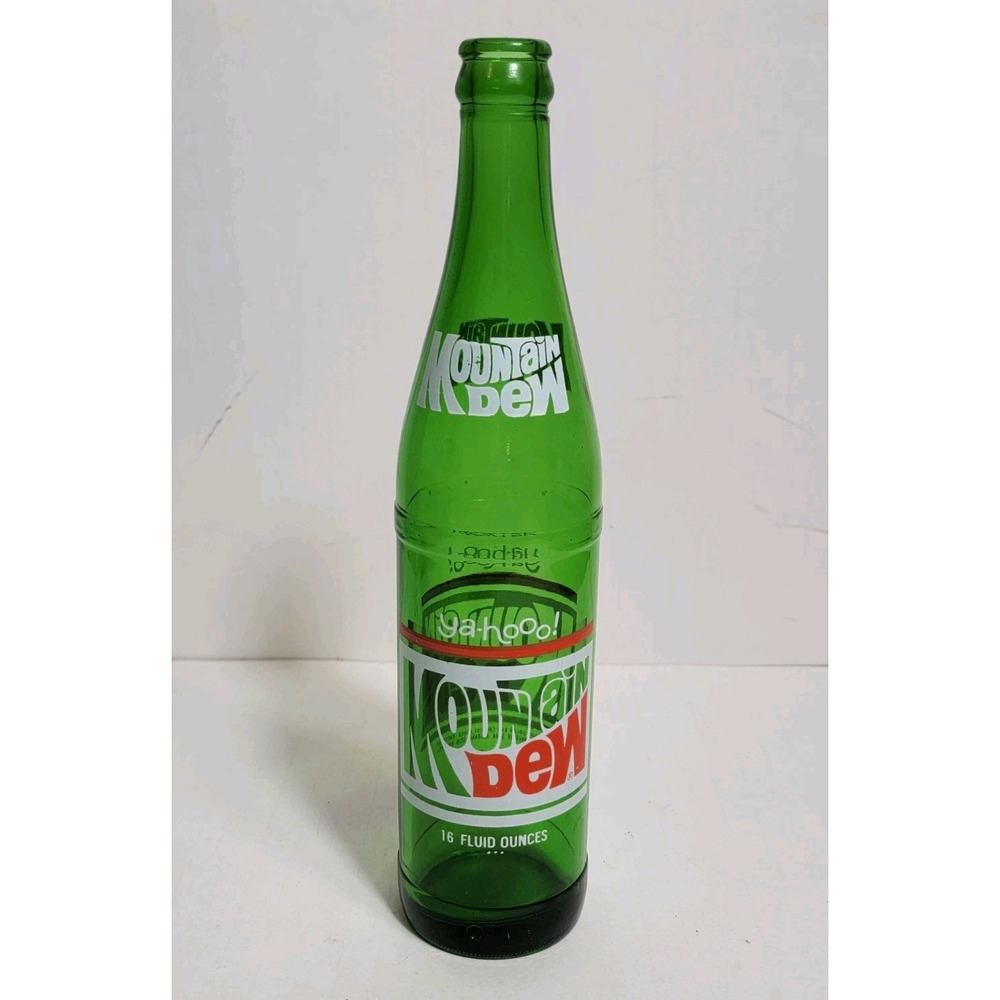 Vintage 1975 Mountain Dew Soda 16 oz Glass Bottle Green Yahoo Design USA
